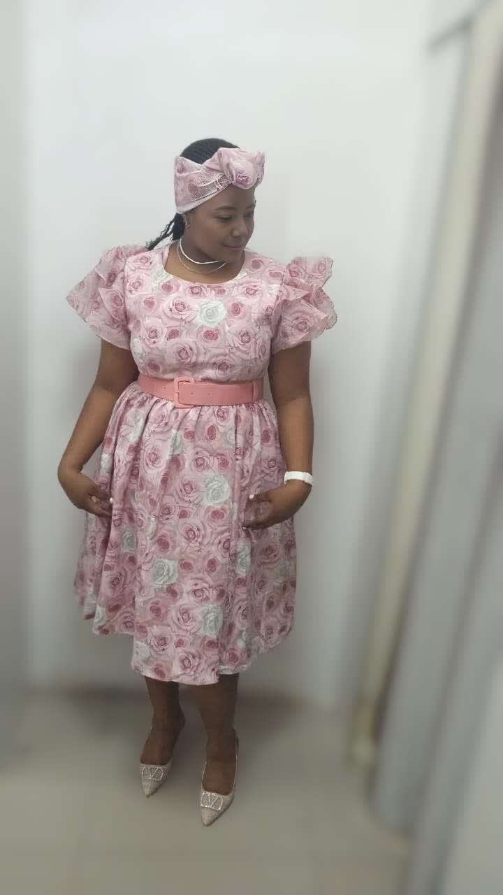 Women's Puff Sleeve Dress featuring Rose Patterns and Belted Design