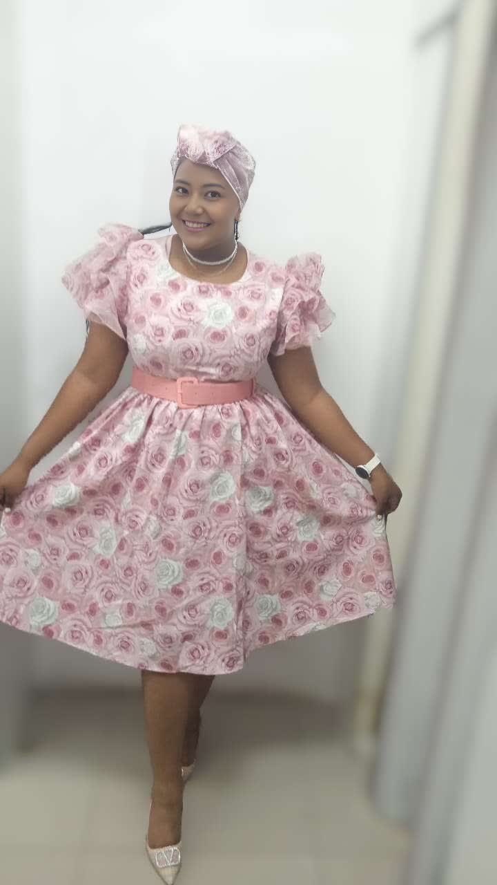 Women's Puff Sleeve Dress featuring Rose Patterns and Belted Design