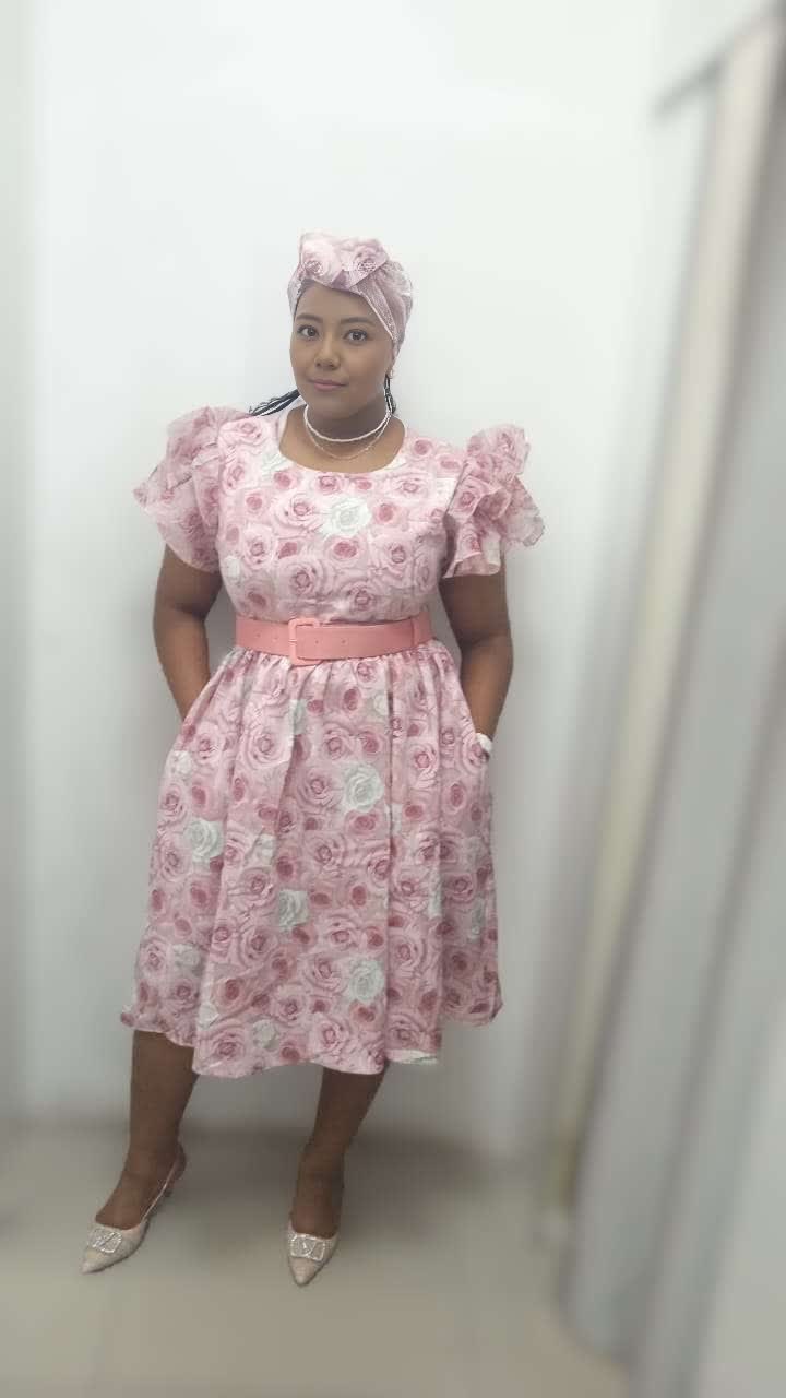 Women's Puff Sleeve Dress featuring Rose Patterns and Belted Design