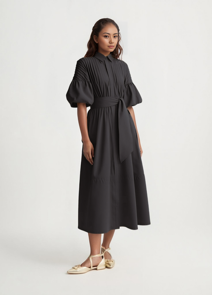 Black puff-sleeve midi dress with adjustable waist tie and pleated bodice