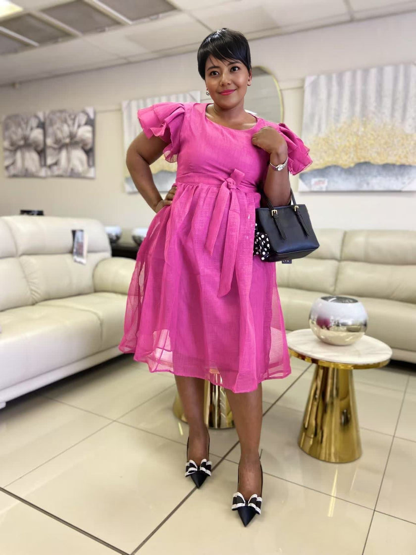 Women's Short Sleeve Bow Belt Dress, featuring an A-line skirt and ruffled sleeve details