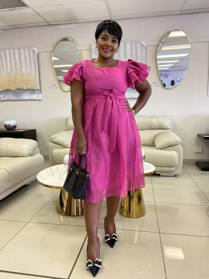 Women's Short Sleeve Bow Belt Dress, featuring an A-line skirt and ruffled sleeve details