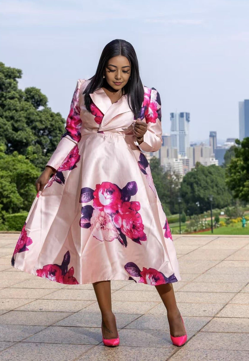 Women's Floral Pattern Long Sleeve Dress with Belt and Puff Sleeves