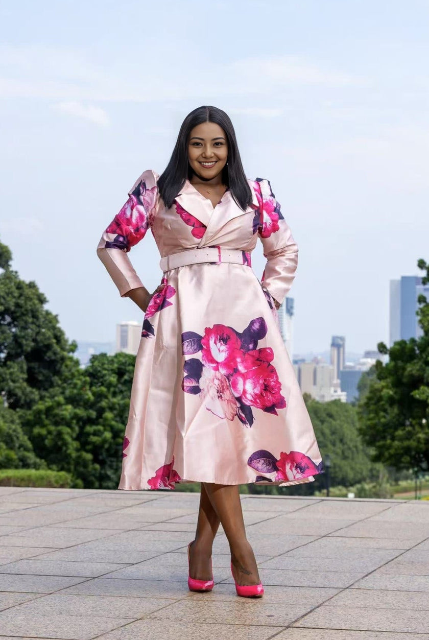 Women's Floral Pattern Long Sleeve Dress with Belt and Puff Sleeves