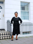 Vintage midi dress in black with contrast white collar and button-front