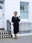 Vintage black midi dress with white contrast collar and row of front buttons