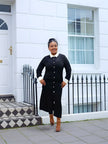 Black midi shirt dress style with contrast white collar and long sleeves