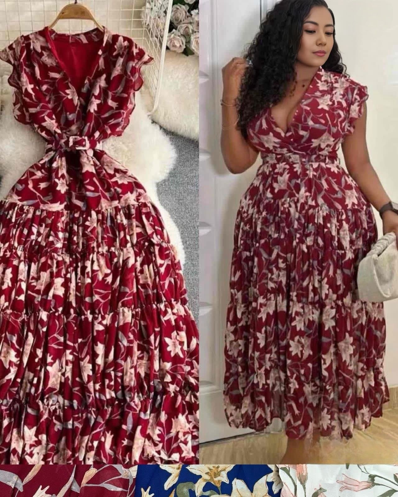 Maroon floral midi dress with ruffled sleeves and tied waist