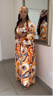 African print maxi dress with matching head wrap, orange blue patterned fabric