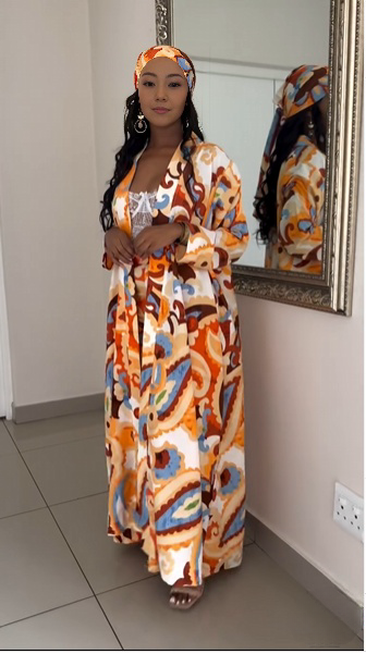 African print maxi dress with matching head wrap, orange blue patterned fabric