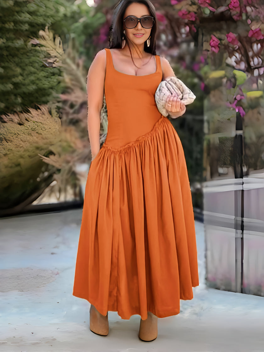 Sleeveless Dress with Ruched Skirt Design