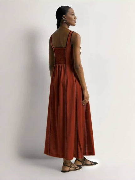 Brown sleeveless maxi dress with gathered waist and simple square back detail
