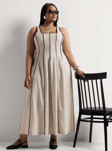 Cream striped sleeveless maxi dress with square neckline, gathered skirt pleats