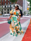 Abstract print maxi dress with puff sleeves, green orange white, gathered waist