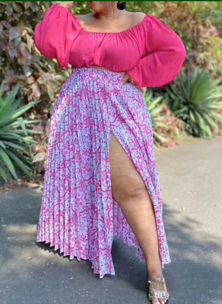 Floral Print High-Waist Slit Skirt with Ruffle Detail & Off-Shoulder Blouse Pair