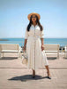 Tie-Waist Button Dress - Women's Casual Elegant Three-Quarter Sleeve Mid-Length Dress