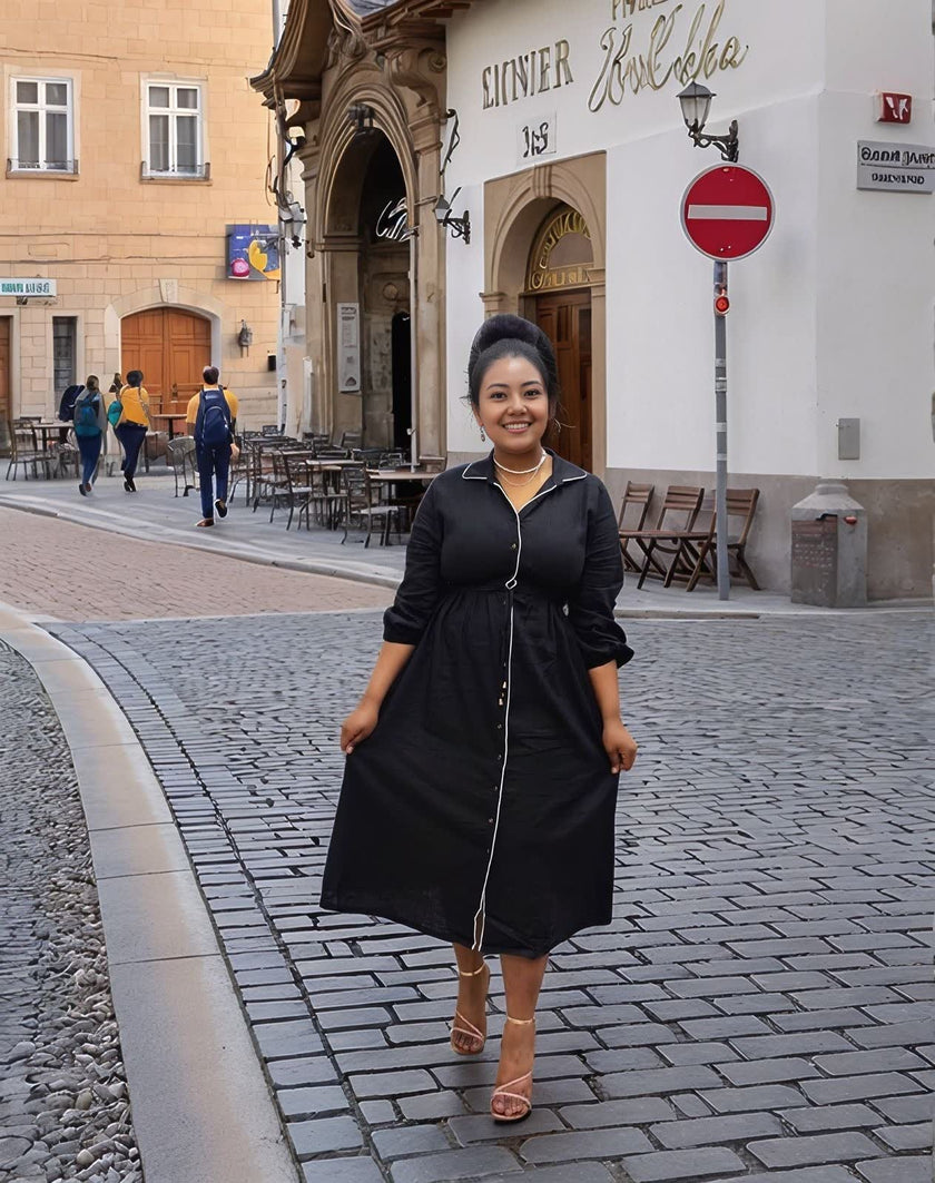 Tie-Waist Button Dress - Women's Casual Elegant Three-Quarter Sleeve Mid-Length Dress