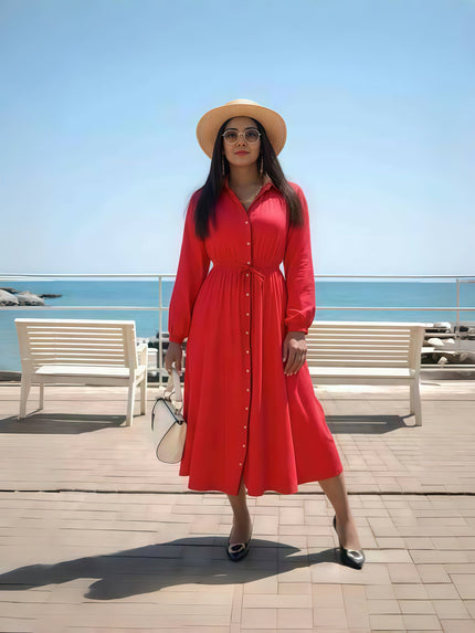 Red midi button-front dress with tie waist, long sleeves and V-neck