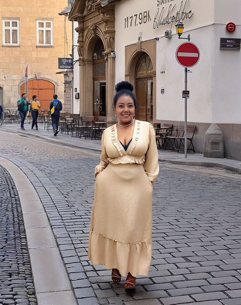 Long Sleeve V-Neck Ruffle Dress with Waist Cutout Design and Long Skirt Hem