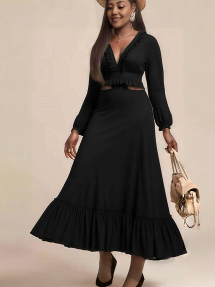 Black ruffle maxi dress with V-neck, long sleeves, and tiered ruffle skirt hem