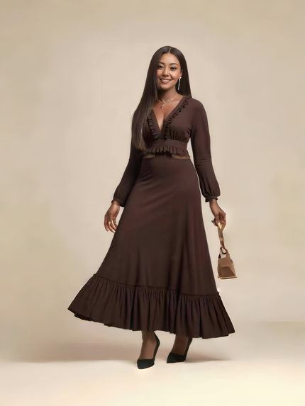 Brown ruffle maxi dress with V-neck, long sleeves, and tiered ruffle skirt hem