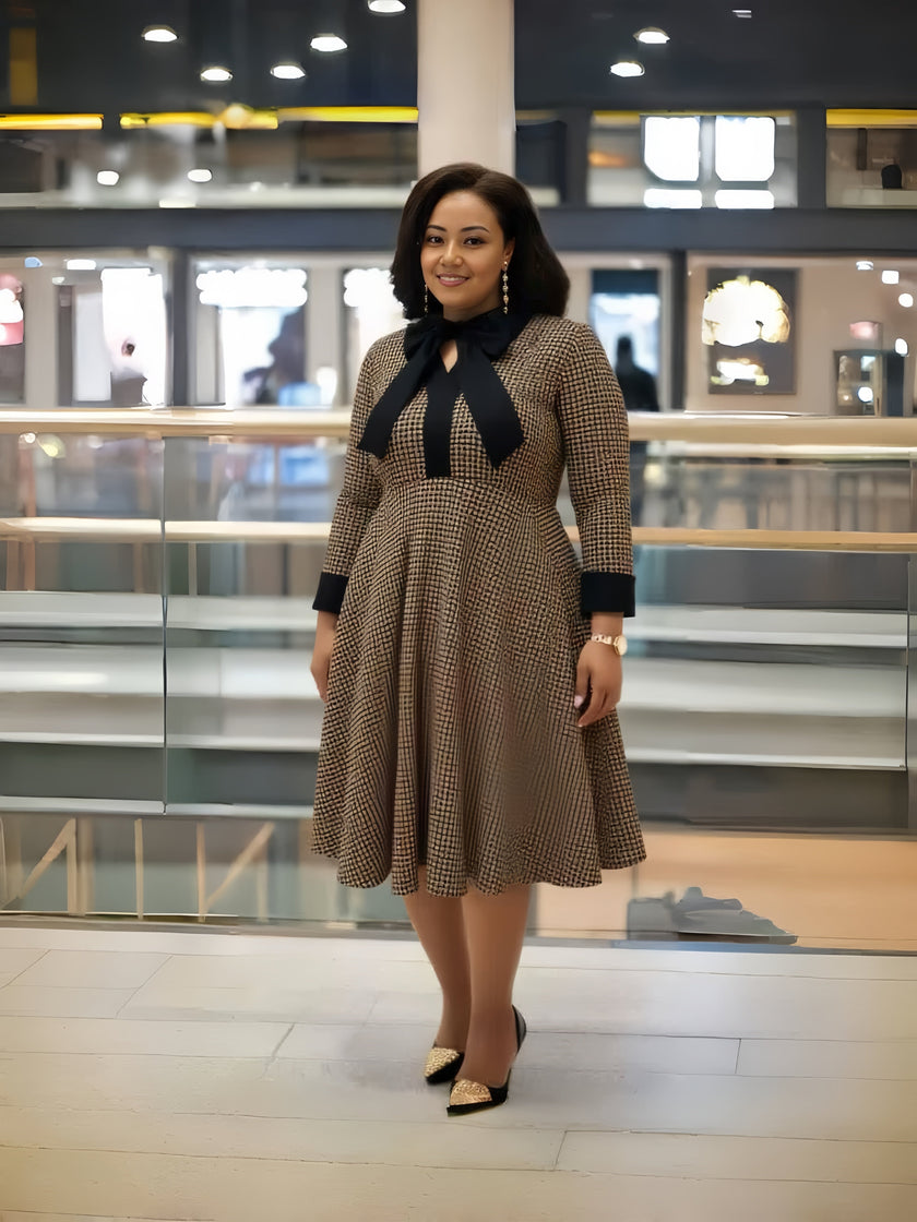 Plaid midi A-line dress with bow neck, long sleeves, brown with dark accents