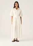 White puff-sleeve midi dress with adjustable waist tie and button-front styling