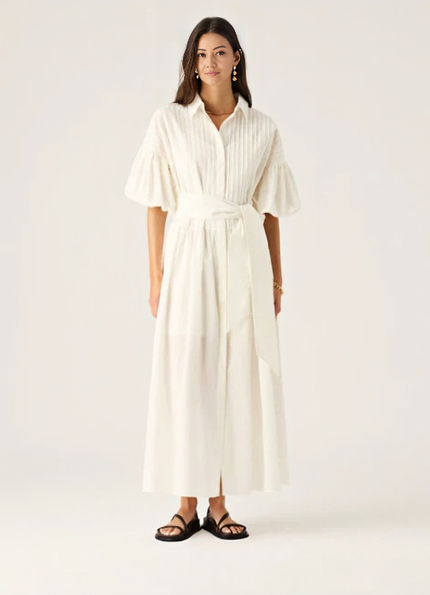 White puff-sleeve midi dress with adjustable waist tie and button-front styling