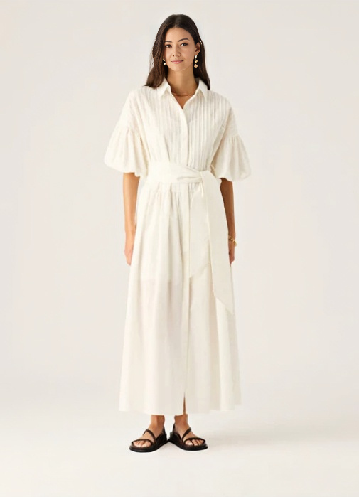 White puff-sleeve midi dress with adjustable waist tie and button-front styling