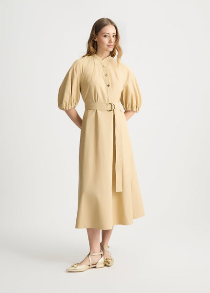 Beige puff-sleeve midi dress with adjustable waist tie and button-front detail