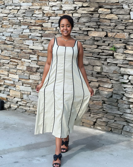 Light cream striped sleeveless maxi dress with square neckline and side pockets
