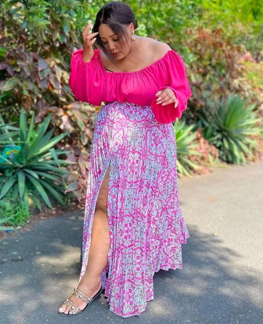 Floral Print High-Waist Slit Skirt with Ruffle Detail & Off-Shoulder Blouse Pair