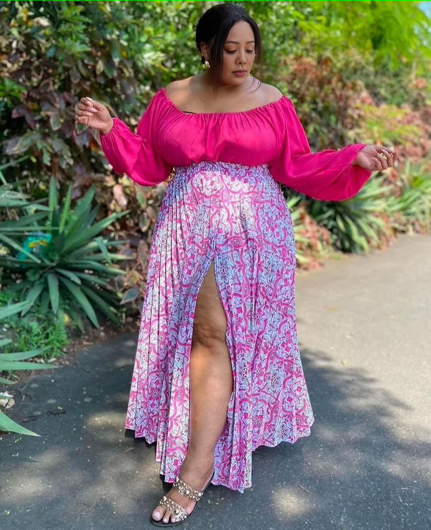 Floral Print High-Waist Slit Skirt with Ruffle Detail & Off-Shoulder Blouse Pair