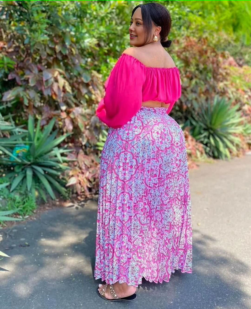 Floral Print High-Waist Slit Skirt with Ruffle Detail & Off-Shoulder Blouse Pair