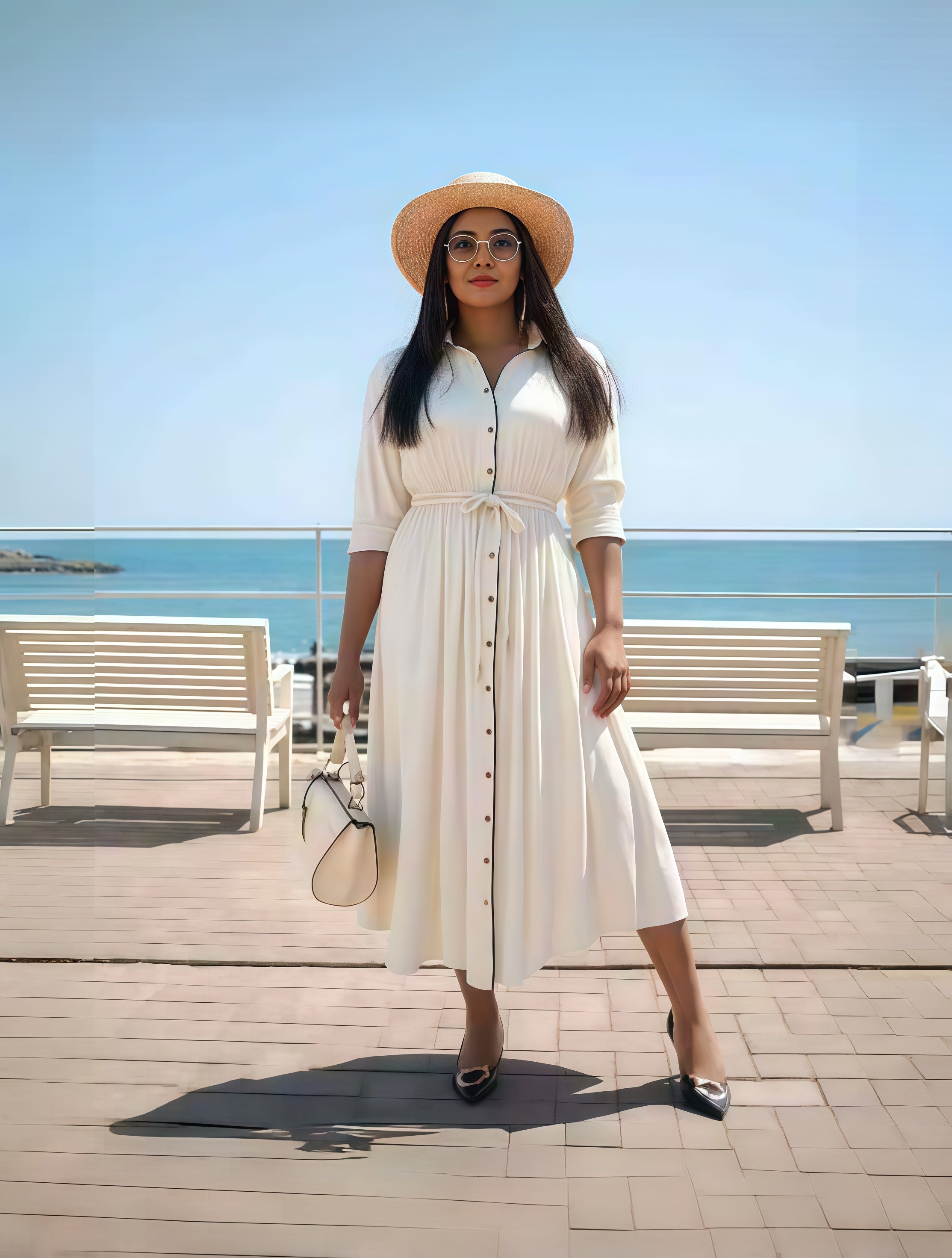 Cream midi button-front dress with tie waist, long sleeves and V-neck