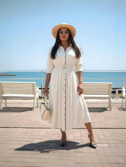 Cream midi button-front dress with tie waist, long sleeves and V-neck