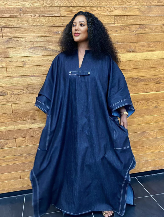 Dark blue denim coat dress, loose maxi fit with button placket and side pockets