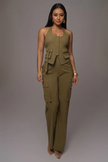 Army-green cargo pants and sleeveless utility vest set with multiple flap pockets