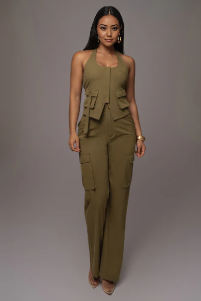 Army-green cargo pants and sleeveless utility vest set with multiple flap pockets