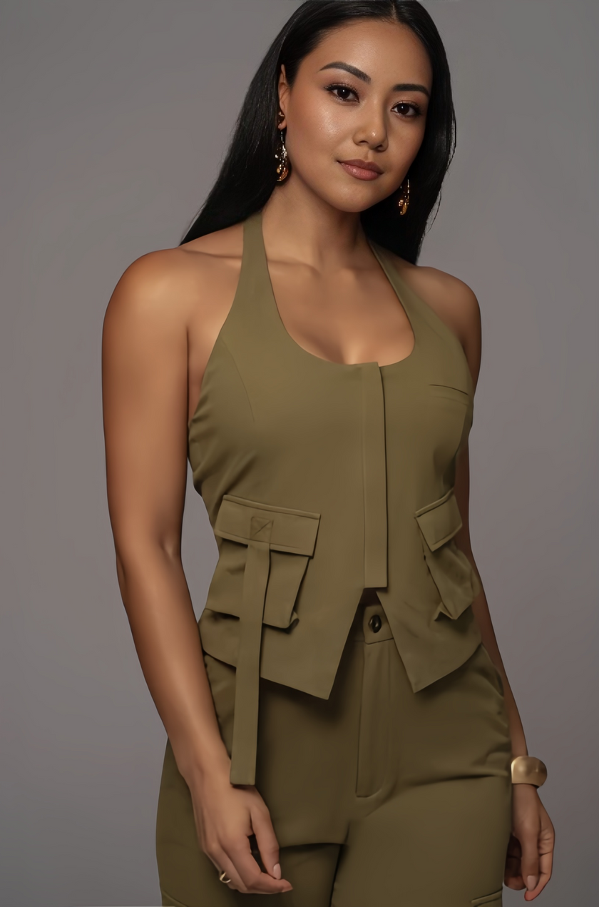 Army-green cargo pant and sleeveless utility vest set with flap pockets