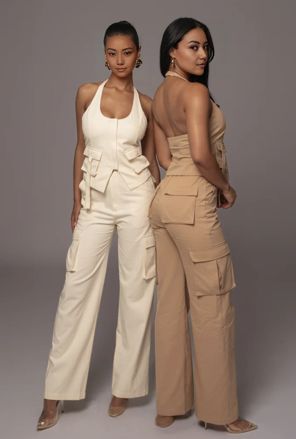 White and tan cargo pant and sleeveless utility vest set with flap pockets