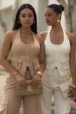 Nude and white cargo pants and sleeveless utility vest set with flap pockets