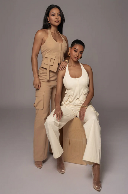 Beige and white cargo pant and sleeveless utility vest set with flap pockets