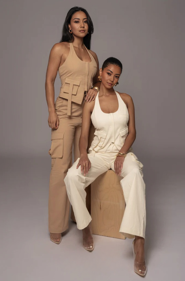 Beige and white cargo pant and sleeveless utility vest set with flap pockets