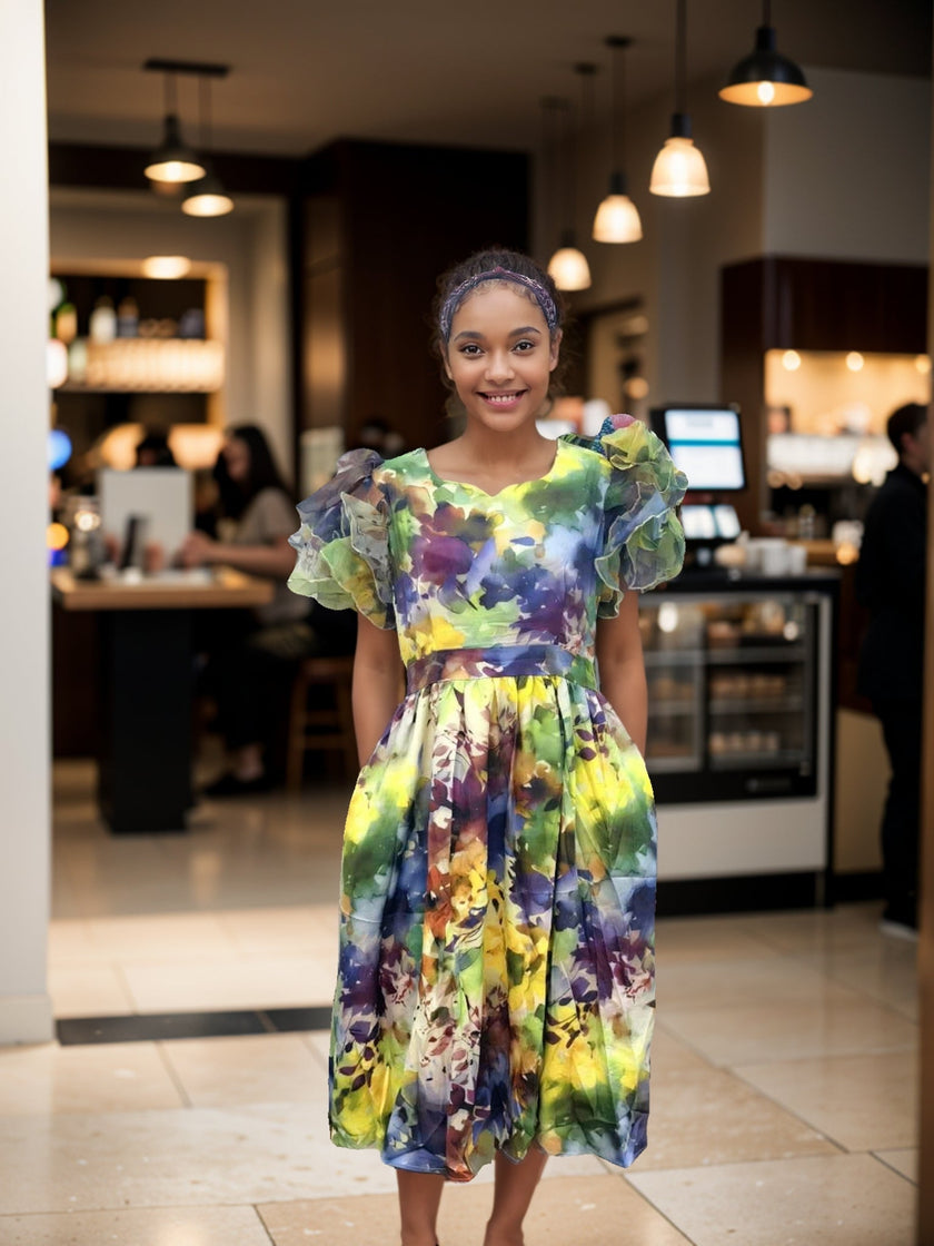 Floral Fantasy Knee-Length Puff Sleeve Dress