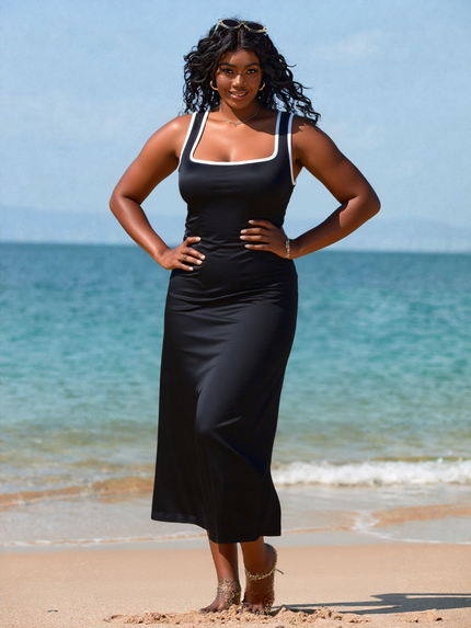 Sleeveless midi A-line dress, black with white contrast trim and square neckline