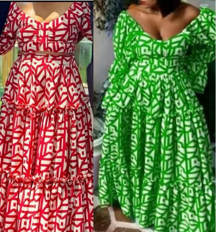 Geometric print maxi dress in red and green, off-shoulder with gathered skirt