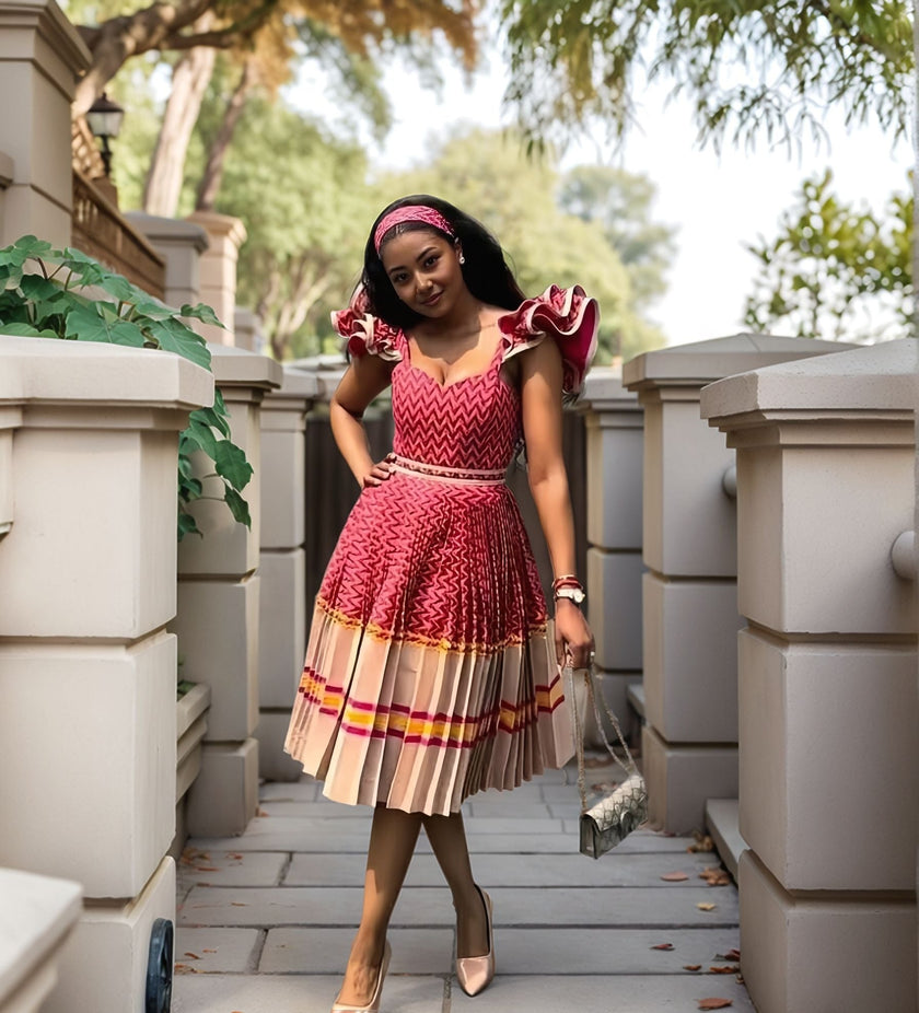 Ethnic Style Geometric Pleated Dress with Wavy Sleeves