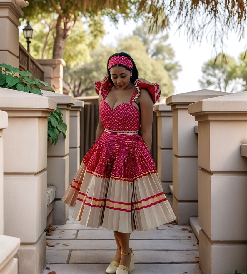 Ethnic Style Geometric Pleated Dress with Wavy Sleeves