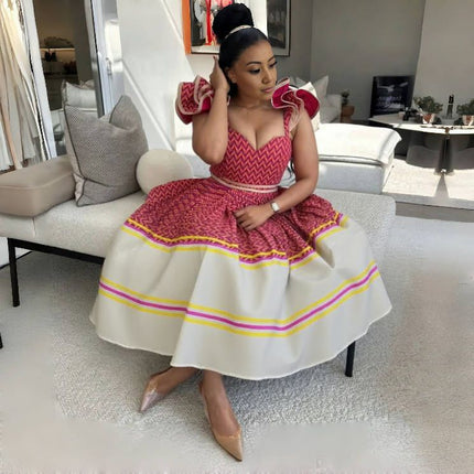 Ethnic Style Pleated Dress Geometric Wavy Sleeve Chic